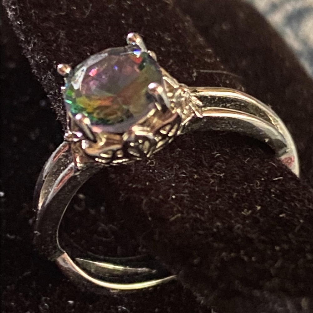 Elegant Crystal Rainbow CZ Silver Ring with Iridescent Stone 7-7.5